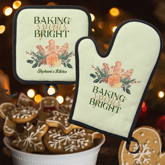 Christmas Baking Spirits Bright Gingerbread Green Oven Mitt & Pot Holder Set (Baking Spirits Bright pot holders--perfect for use with your holiday baking and they double as decor)