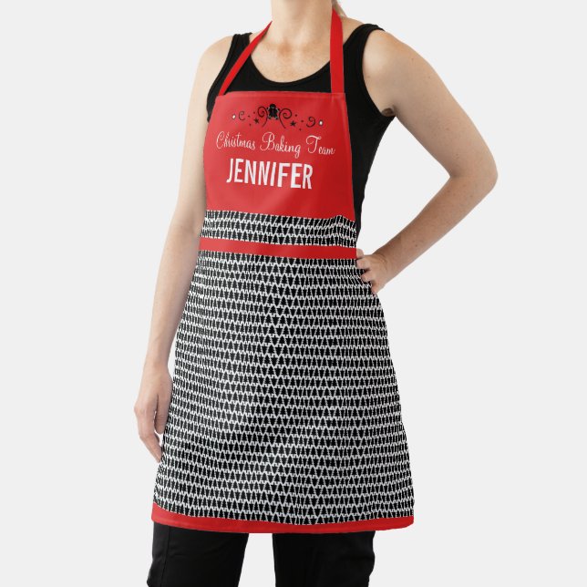 Christmas Baking Team Black White Red Custom Name Apron (Insitu)