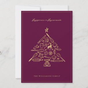 Christmas Baking Tree Gold Burgundy Family Recipe Holiday Card