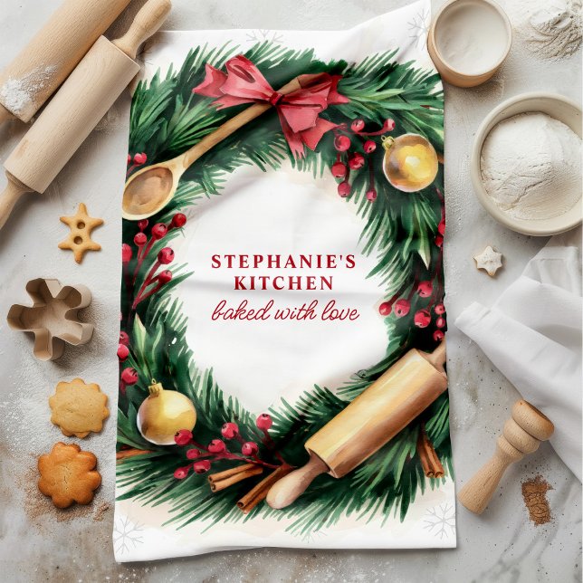 Christmas Baking Wreath Rolling Pin Cinnamon Tea Towel (Creator Uploaded)