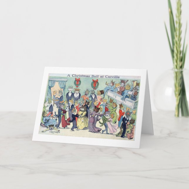 Christmas Ball at Catville, Louis Wain Holiday Card (Front)