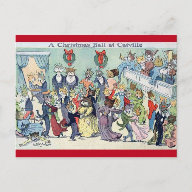 Christmas Ball at Catville, Louis Wain Holiday Postcard (Front)