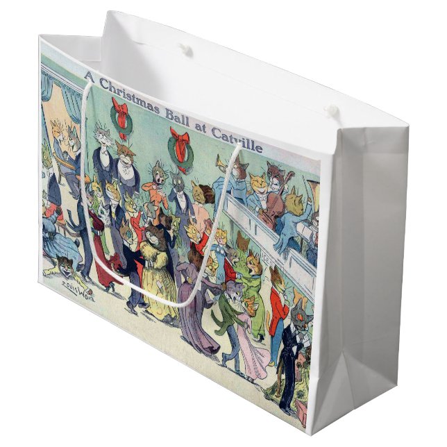 Christmas Ball at Catville, Louis Wain Large Gift Bag (Front Angled)