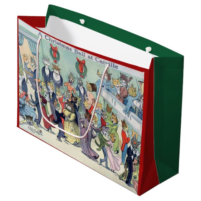 Christmas Ball at Catville, Louis Wain Large Gift Bag (Front Angled)