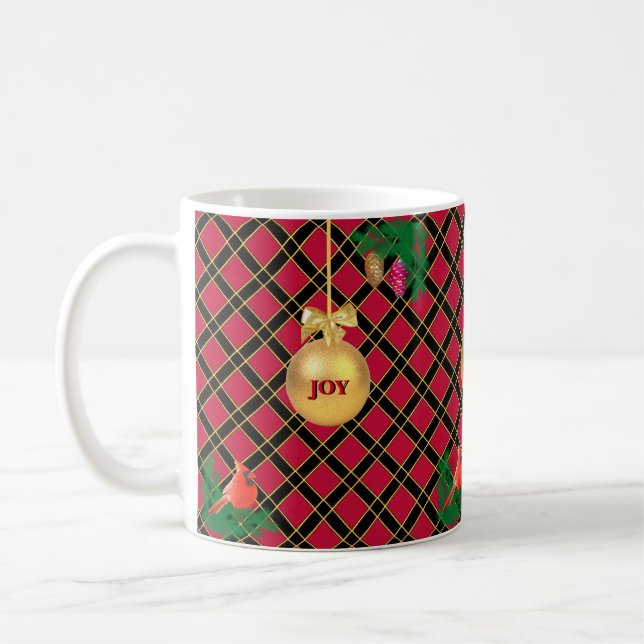 Christmas ball, bird, pine cones on Black & Red Coffee Mug (Left)