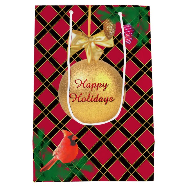 Christmas ball, bird, pine cones on Black & Red Medium Gift Bag (Back)