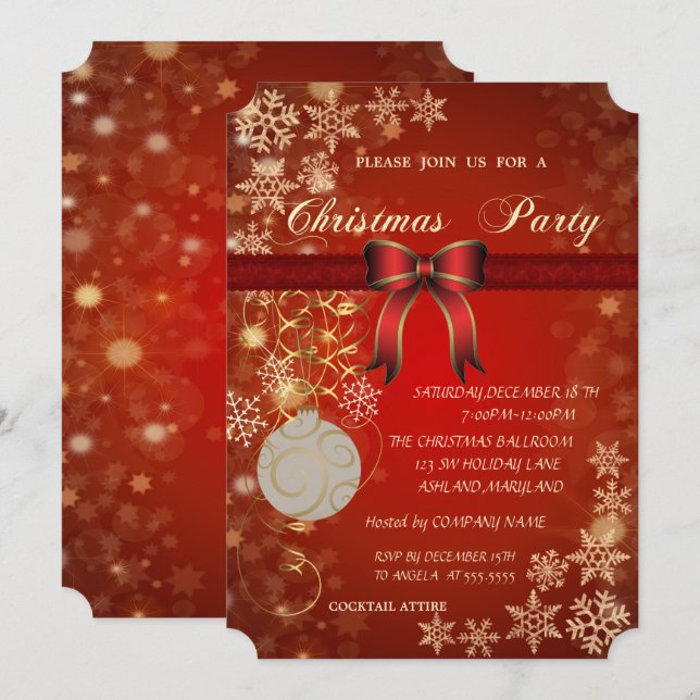 Christmas Ball, Bow Corporate  Christmas Party Invitation (Front/Back)
