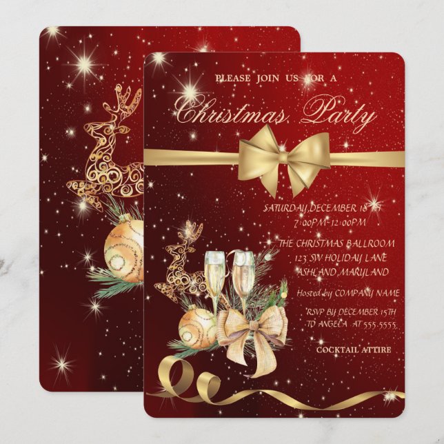  Christmas Ball,Bow,Reindeer Christmas Party Invit Invitation (Front/Back)