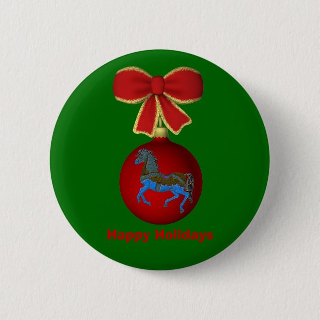 Christmas Ball Carousel Horse Holiday Button Pin (Front)