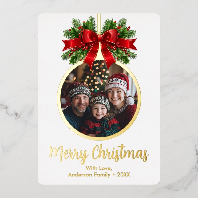 Christmas Ball Ornament Holly Berries Photo Plaid Foil Holiday Card (Front)