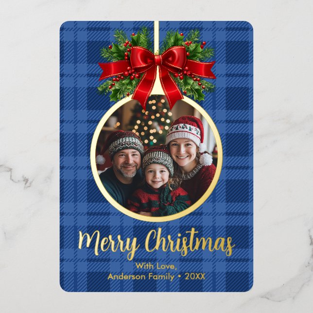 Christmas Ball Ornament Holly Berries Photo Plaid Foil Holiday Card (Front)