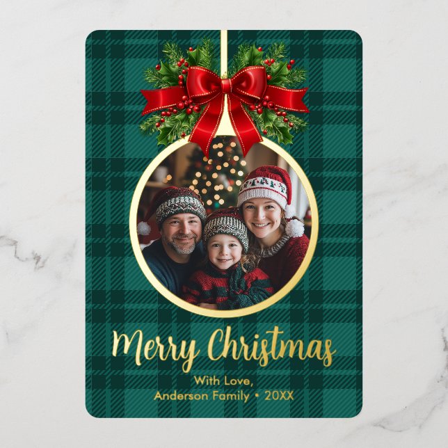 Christmas Ball Ornament Holly Berries Photo Plaid Foil Holiday Card (Front)