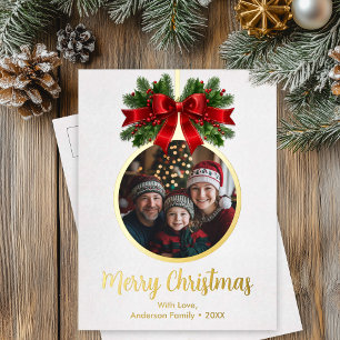 Christmas Ball Ornament Holly Berries Photo white Foil Holiday Postcard