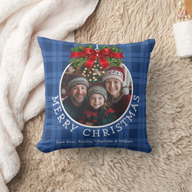 Christmas Ball Ornament Photo Blue Buffalo Plaid Cushion (Blanket)