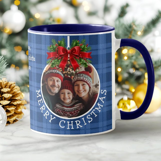 Christmas Ball Ornament Photo Blue Buffalo Plaid Mug (Christmas Ball Ornament Photo Blue Buffalo Plaid Mug)