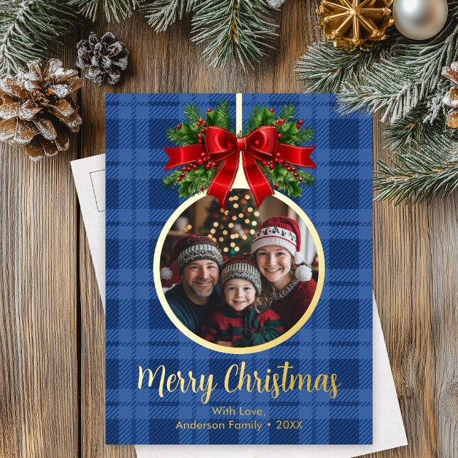 Christmas Ball Ornament Photo Buffalo Plaid Foil Holiday Postcard (Christmas Ball Ornament Photo Buffalo Plaid Foil Holiday Postcard)
