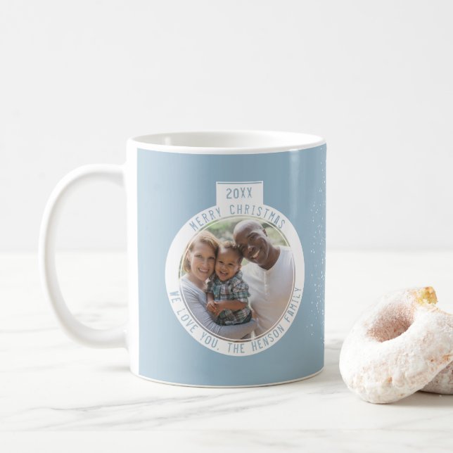 Christmas Ball Pastel Blue Photo Holiday Coffee Mug (With Donut)