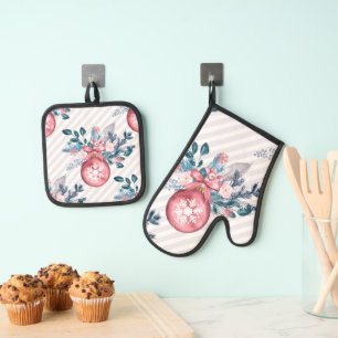Christmas Ball Pink Oven Mitt & Pot Holder Set