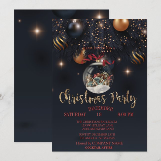  Christmas Ball Retro Car  Black Company Party   Invitation (Front/Back)