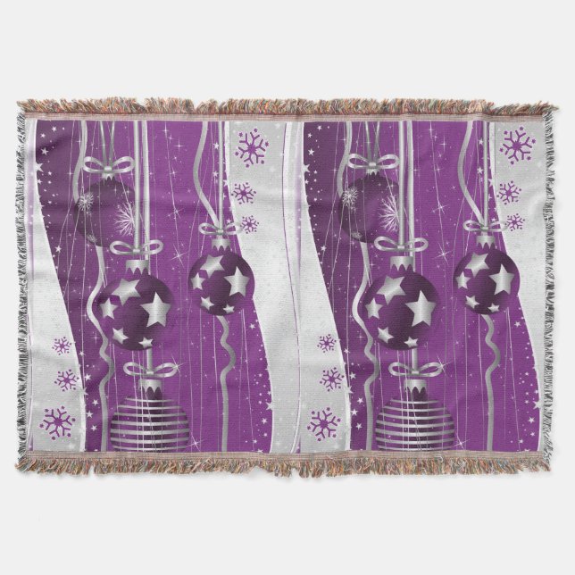 Christmas Balls And Ribbons Silver Purple Throw Blanket (Front)