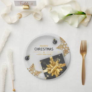 Christmas Balls Black Gift Box Gold Snowflakes Paper Plate