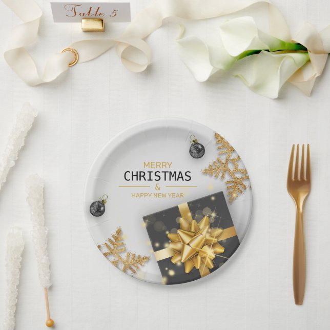 Christmas Balls Black Gift Box Gold Snowflakes Paper Plate (Wedding)