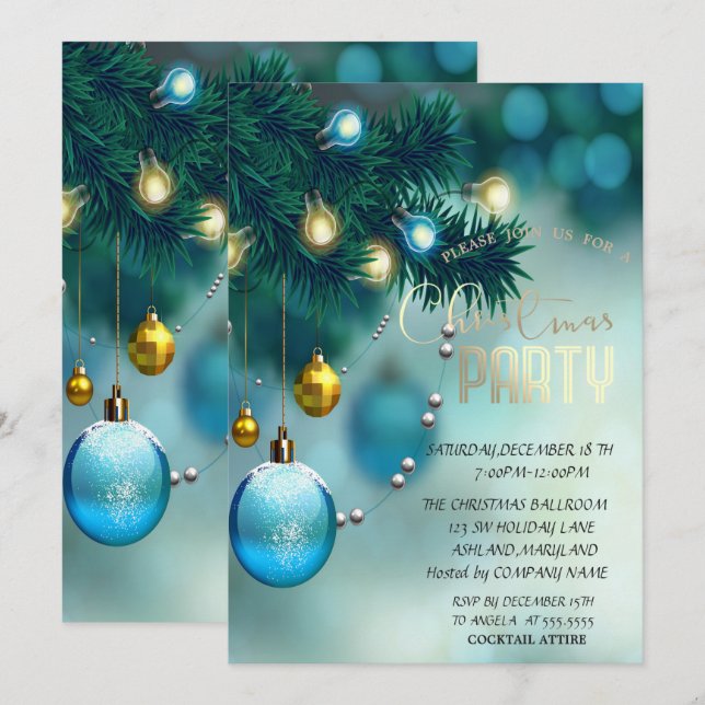 Christmas Balls Blue Corporate Christmas Party Invitation (Front/Back)