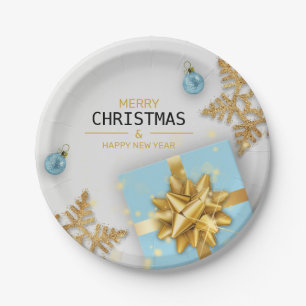 Christmas Balls Blue Gift Box Gold Snowflakes Paper Plate