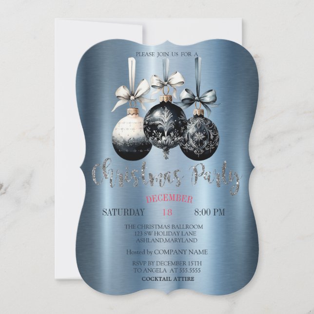 Christmas Balls,Blue Metallic Company Party Invitation (Front)