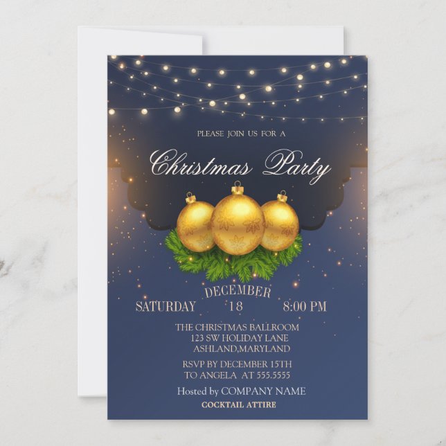 Christmas Balls Branches Blue Christmas Company Invitation (Front)