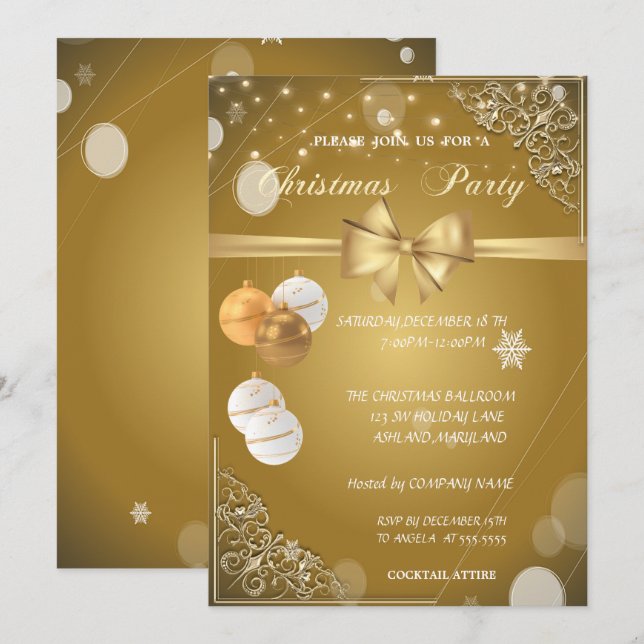 Christmas Balls, Gold Bow,CorporateChristmas Party Invitation (Front/Back)