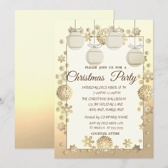 Christmas Balls,Gold  Corporate Christmas Party Invitation (Front/Back)