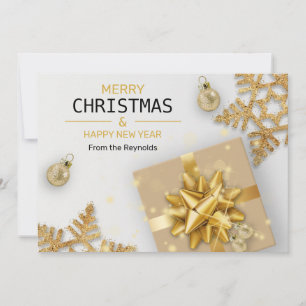 Christmas Balls Gold Gift Box Gold Snowflakes Holiday Card