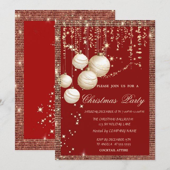 Christmas Balls Gold Sequins Frame Red Christmas  Invitation (Front/Back)