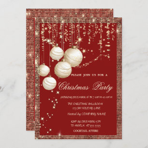 Christmas Balls Gold Sequins Frame Red Christmas  Invitation