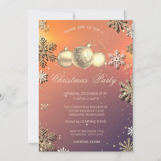 Christmas Balls, Gold Snowflakes Company Party Invitation (Front)