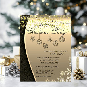 Christmas Balls,Lights Damask Gold Christmas Party Invitation