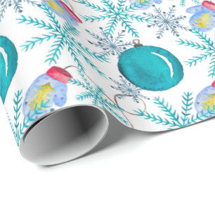 Christmas Balls Mittens and Snowflakes Watercolor Wrapping Paper