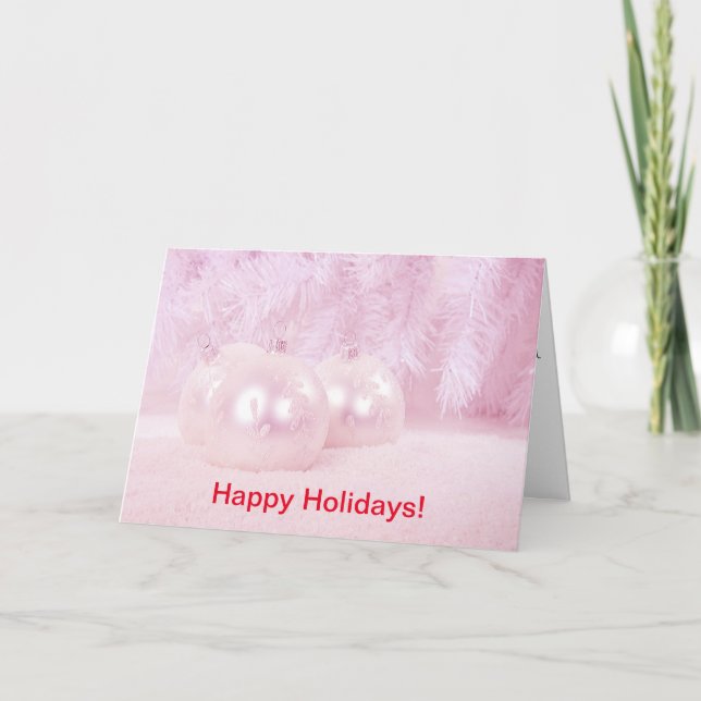 Christmas Balls on Snow & Pink Background Holiday Card (Front)