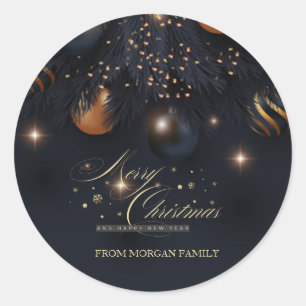 Christmas Balls Pine Tree Branches Black Classic Round Sticker