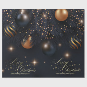 Christmas Balls Pine Tree Branches Black Wrapping Paper