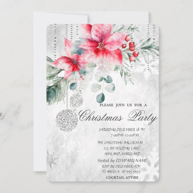 Christmas Balls,Poinsettia Grey Christmas Party Invitation (Front)