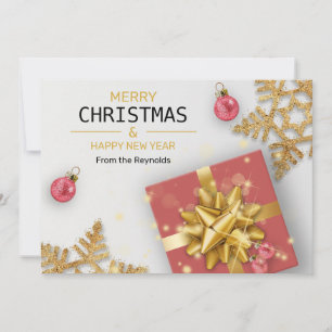 Christmas Balls Red Gift Box Gold Snowflakes Holiday Card