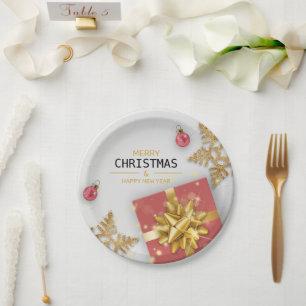 Christmas Balls Red Gift Box Gold Snowflakes Paper Plate