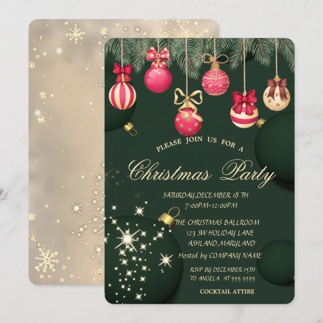 Christmas Balls Snowflakes Green Christmas  Invitation (Front/Back)