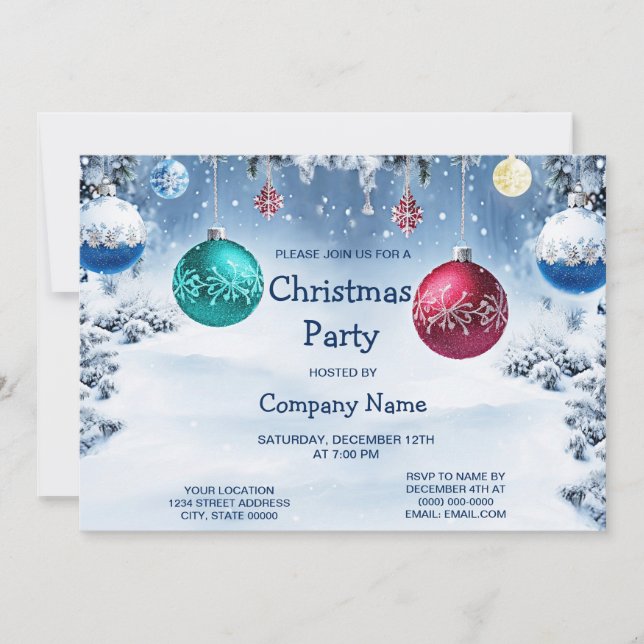 Christmas Balls Snowy Holiday Party Invitation (Front)