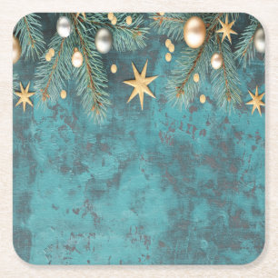 Christmas Balls Stars Branches Vintage Square Paper Coaster