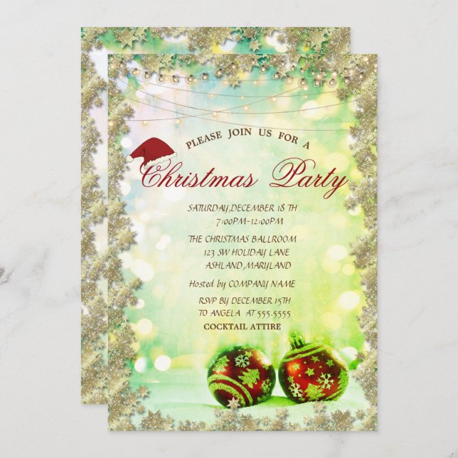 Christmas Balls,Stars Green Bokeh Company Party Invitation (Front/Back)