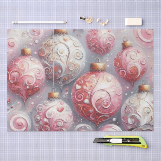 Christmas Balls Whimsical Swirls Pink Decoupage Tissue Paper (Craft)