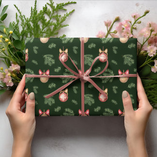 Christmas Balls with bows And Pine Twig Pattern Wrapping Paper